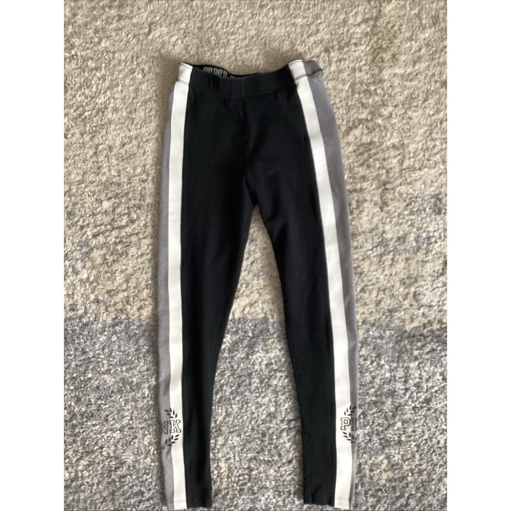 Victoria Secret PINK Black Leggings With White And Grey Side Strips Size Small